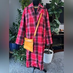 NWOT Old Navy Red Pink Plaid Long Coat